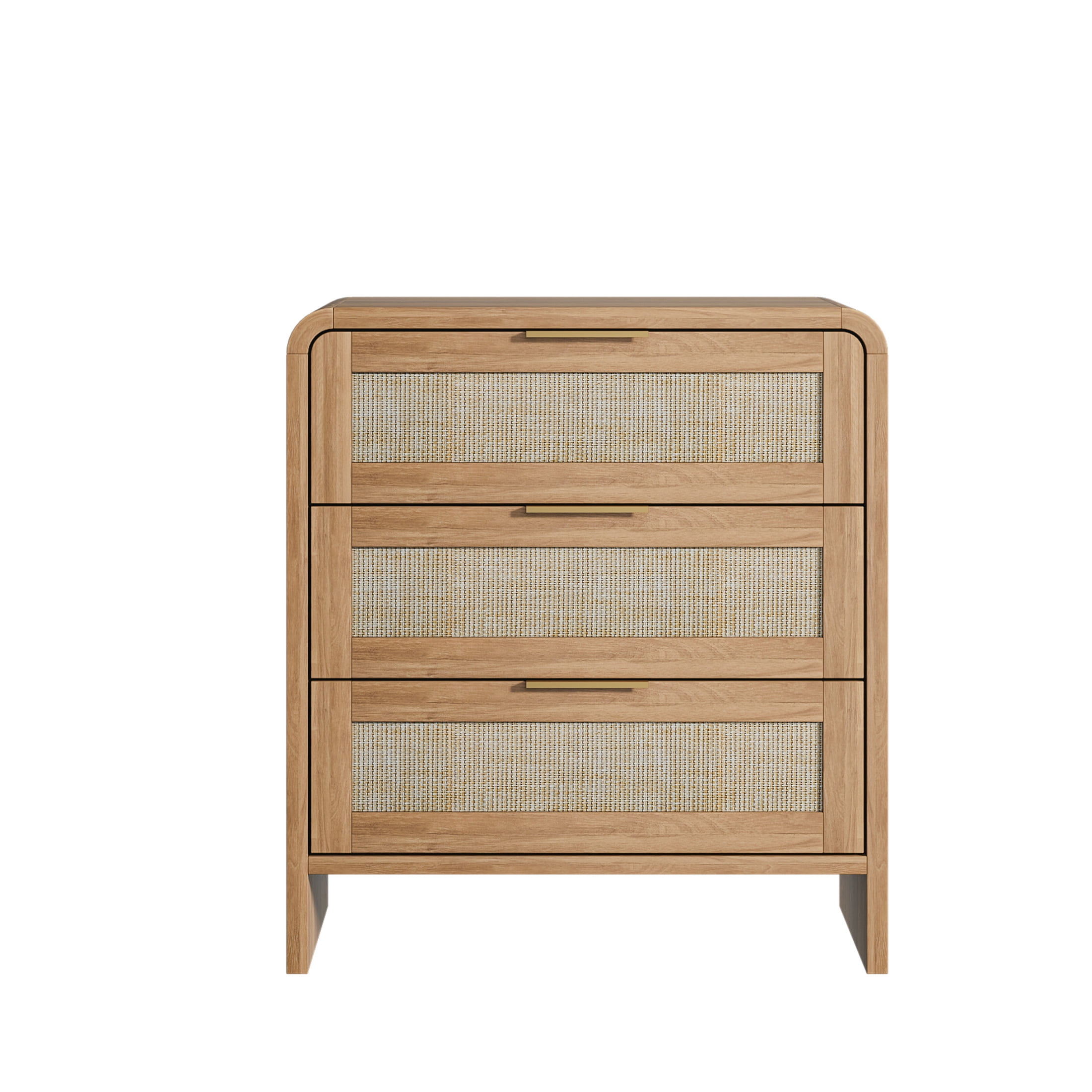 Noble House Felix 23" Rattan Wooden Nightstands, 3-Drawer Curved Bedside Tables with Gold Handles, Caramel