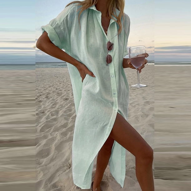 Puntoco Mujer Primavera Y Verano Solapa Color Sólido Algodón Y Lino Falda Con Botones Bolsillo Casual Vestido Camisero De Manga Corta Vestido De Manga Corta Con Cuello Redondo Verde L