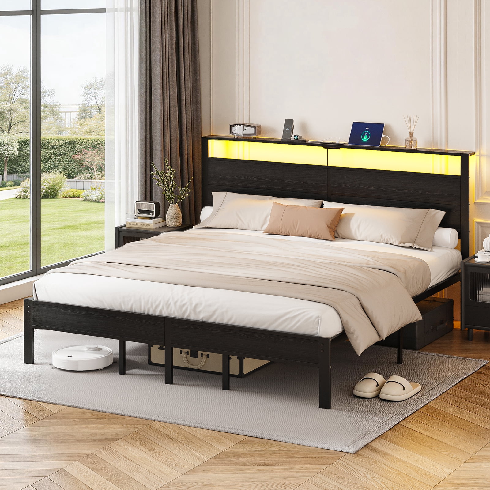 Kbun King Size Platform Bed Frame with Wood Headboard, Metal Bed Frame with LED Light, Heavy Duty Steel Slat Supported Full Bed Frames, No Box Spring Needed, Black