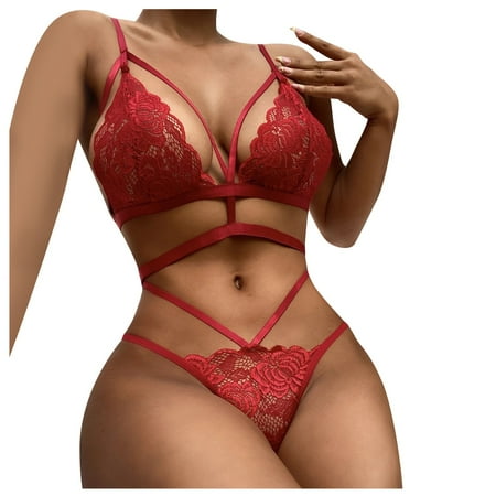 

DNDKILG Sexy Lingerie Set for Women Teddy Strappy Bra and Panty Sets Lace Babydoll Lingerie Red L