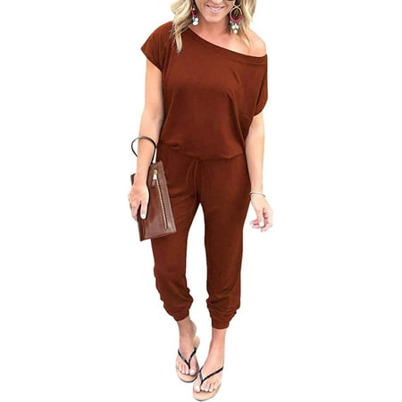 

yoyojojo Women s Loose Solid Off Shoulder Elastic Waist Stretchy Long Romper Jumpsuit