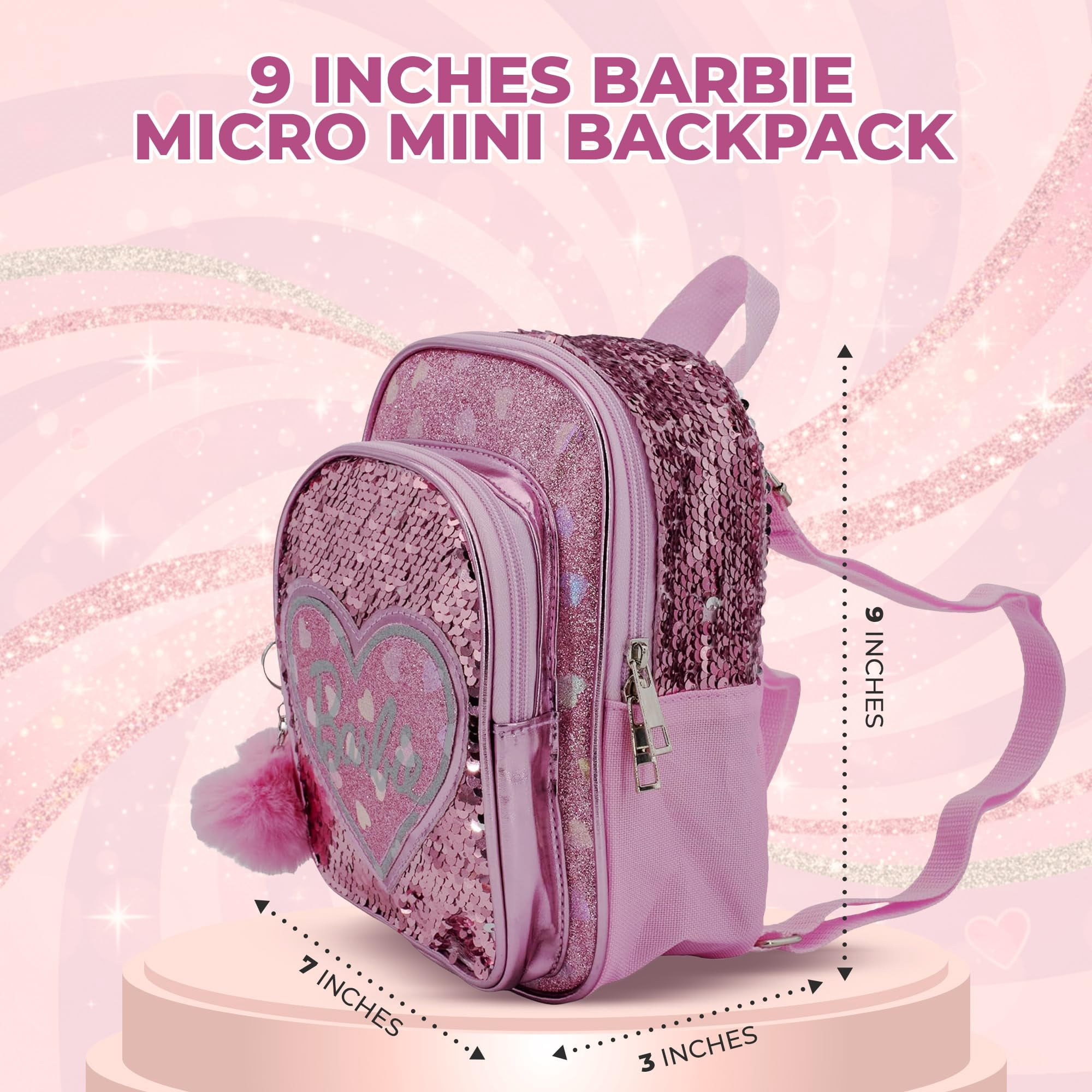Barbie 9” Micro Mini Backpack Purse Featuring a 3D Heat Logo Patch, Sequins & Glitter PU, & Pompom Dangle, Pink