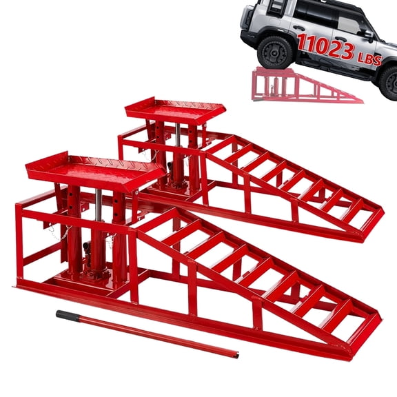 Hydraulic Car Ramps - 5T/11023 LBS, 4 - Adjust Heights 11.61"-16.21" Hydraulic Car Lift Ramp, Heavy Duty 92 Pound Car Ramps for Oil Changes High Lift, Underbody Access - 2 PCS（Red）