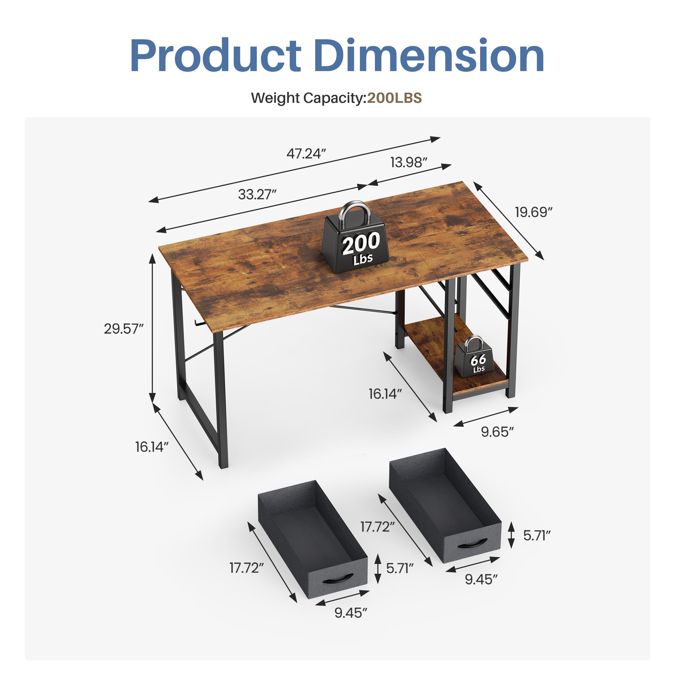 CONCETTA 47in Small Computer Desk with 2 Drawers, Writing Work Study Computer Desk, Side Headphone Hook, Modern Style for Home Bedroom, Rust Brown