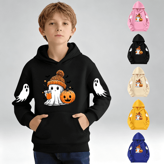 NEBWOAK Boys Girls Halloween Hoodie, Cute Ghost Pumpkin Pullover Sweatshirt, Black Fall Casual Hooded Top,Size 3-4T