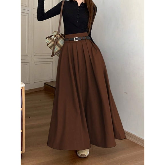 Brown Women High-Waisted Pleated Maxi Skirt With Belt Casual A-Line Flowing Skirt