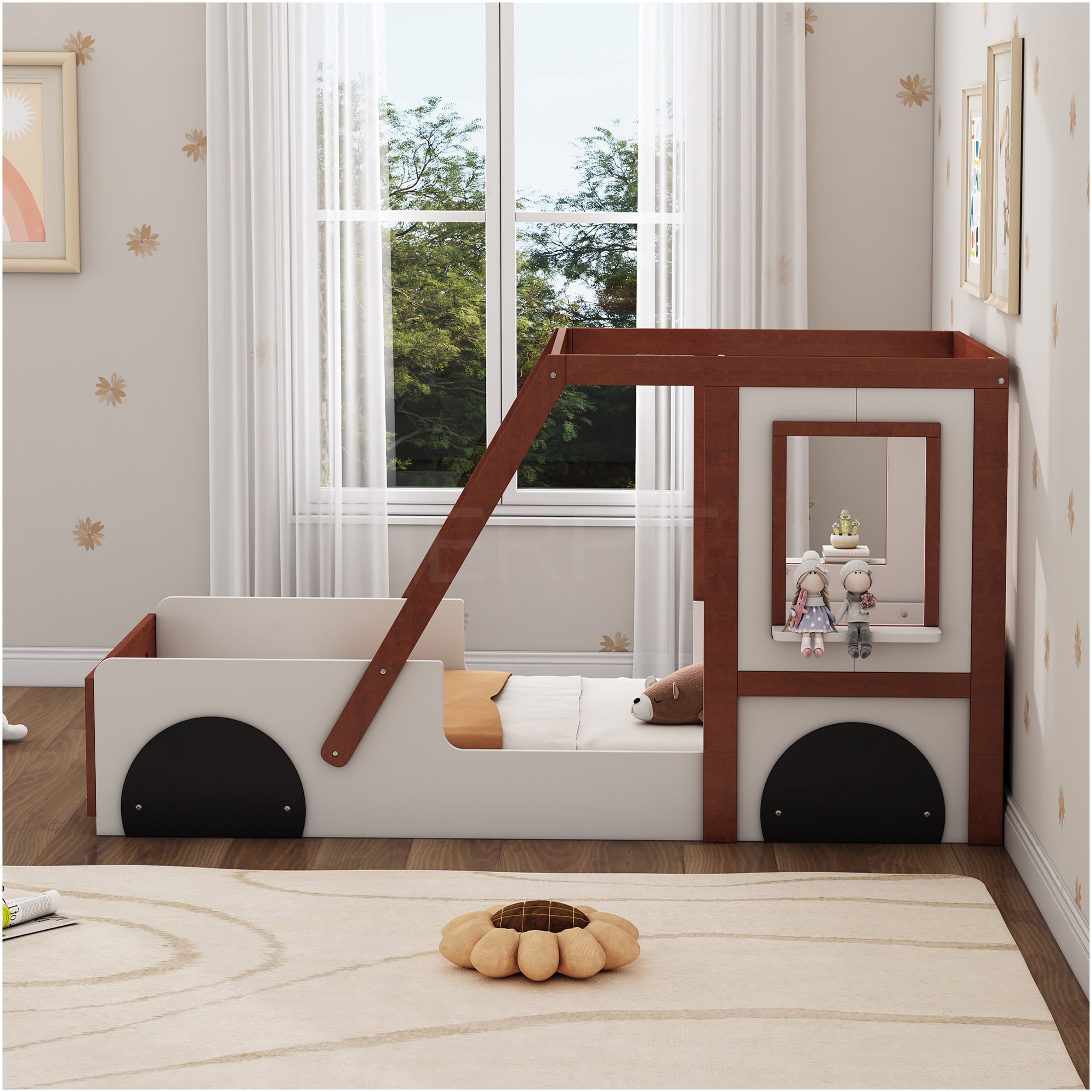 JERFIT Race Car Twin Bed with Storage, Orange White Wood Platform Bed Frame for Boys Girls Teens