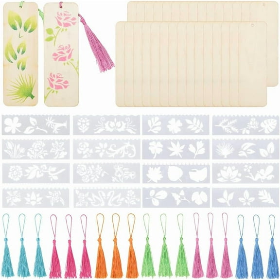 DIY Bookmarks Making Kits Including Unfinished Wood Big Pendants Plastic Drawing Stencil Polyester Tassel Decorations Mixed color 150x49.5x1.5mm Hole: 3.5mm