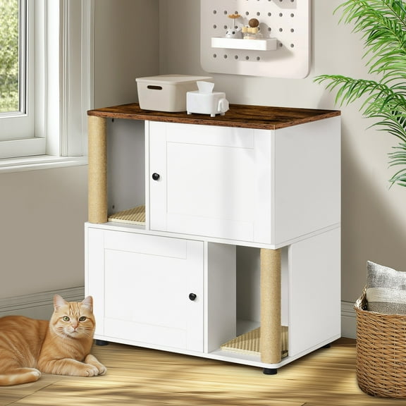 DEALTOPS Cat Litter Box Enclosure, 2-Layer Cabinet for 2 Cats with Scratching Posts, White