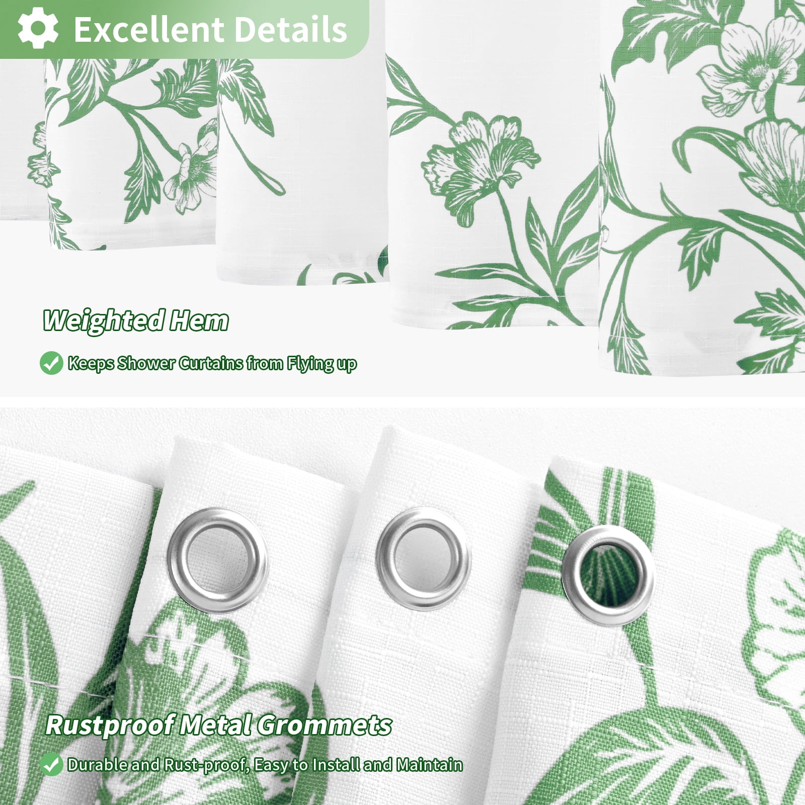 FRAMICS Sage Green Shower Curtain Sets with Non-Slip Rug & 12 Hooks, Heavy Duty Floral Cottagecore Fabric Bathroom Sets, Waterproof & Washable 72" x 72"