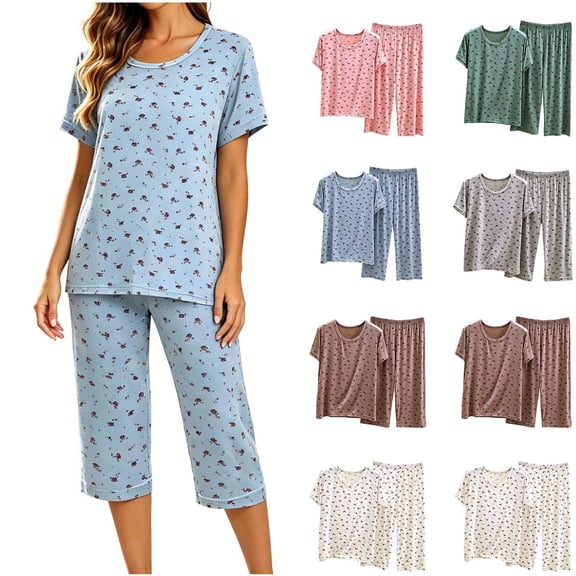 Bovxnpu Women's Pajamas Set Cotton Loose Floral Short Sleeve Capris Pants Pajamas Set