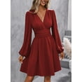 thumbnail image 2 of Women's Fall A-Line Midi Dress V-Neck Long Lantern Sleeve Elastic Waist Ruffle Flowy Swing Spring Dresses, 2 of 6