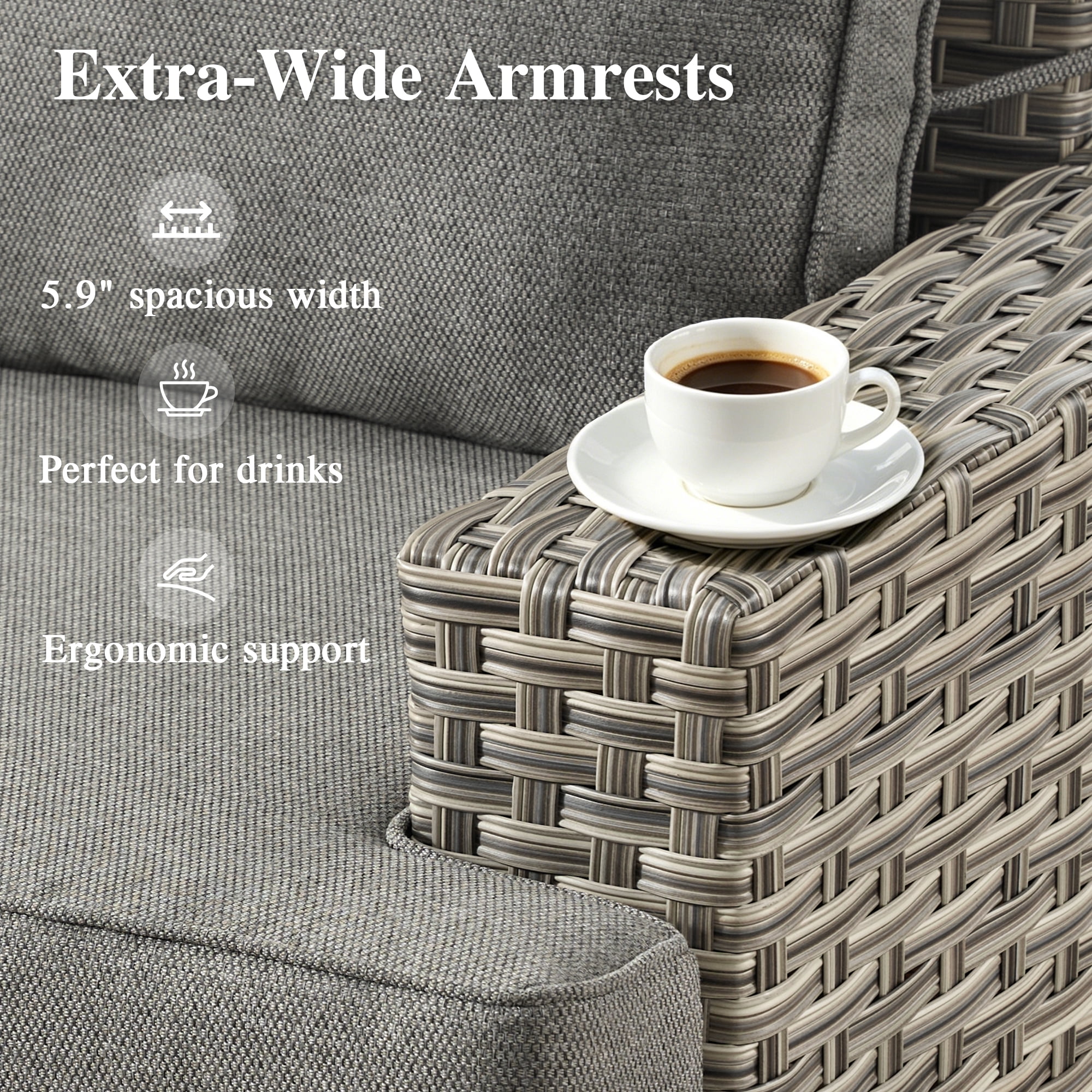Ovios 6-Piece Outdoor Patio Furniture Set with Solar-Powered Lighted Coffee Table, All-Weather Wicker L-Shaped Sectional Sofa, Dark Gray