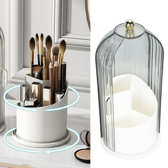 Makeup Brush Holder Organizer, 360 Degree Rotating Cosmetics Make Up Brush Organizer Divided Make Up Brushes Container with Clear Dustproof Lid for Vanity Desktop