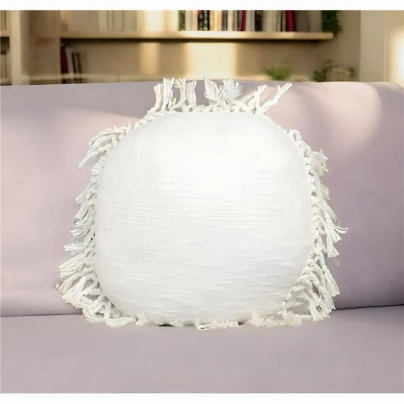 HomeRoots 529236 18 x 18 in. White Round Cotton Throw Pillow with Fringe