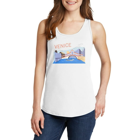 Oversized Venice Landscape Ladies Core Cotton Tank Top - White XL