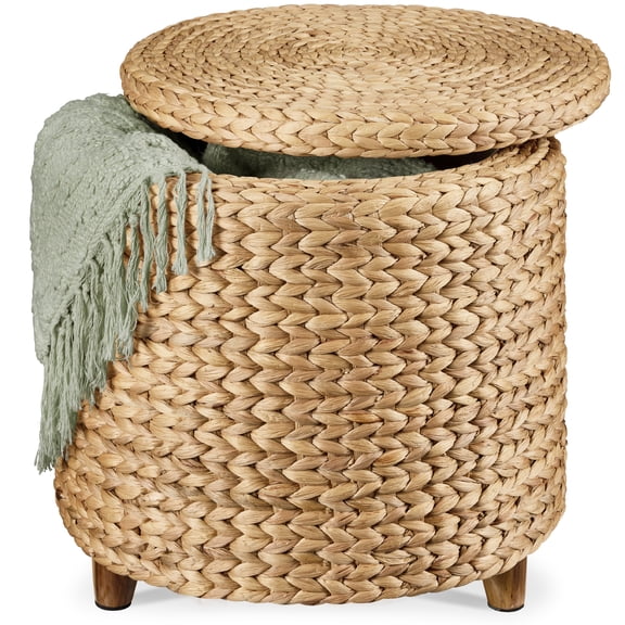 Best Choice Products 17" Round Storage Ottoman with Lid - Handwoven Water Hyacinth Modern Footstool, Natural