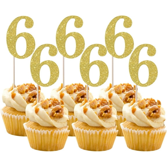 10pcs Cupcake Toppers Gold Glitter Number 6 Cupcake Picks Sixth Birthday Cake Decorations for Cheers to 6 Years Baby Shower Anniversary Party Decorations