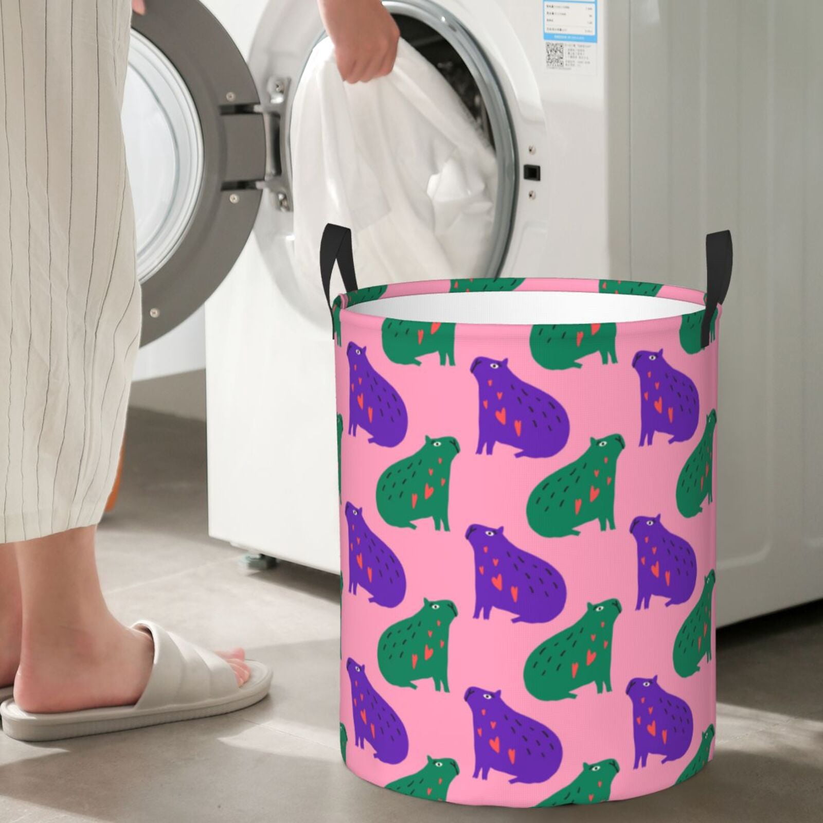 Large Laundry Basket with Handles - Green Purple Capybaras Kids Baby Dirty Clothes Laundry Hamper for Bedroom Aesthetic