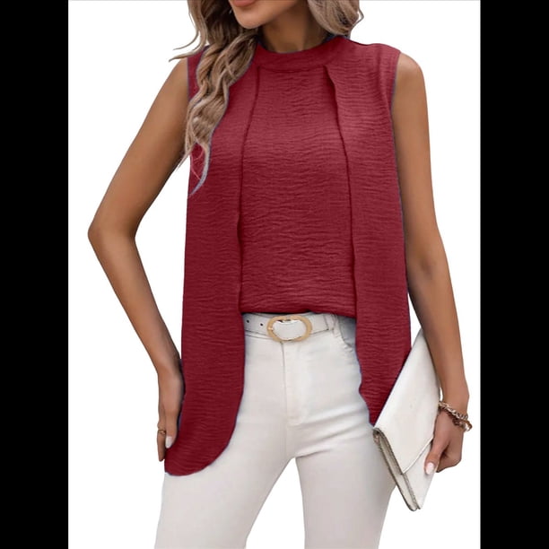 Camisetas Sin Mangas Informales de Negocios para Mujer, Atuendos de Verano Sin Mangas, Camisas de Trabajo Elegantes y de Moda de 2025. Rojo M