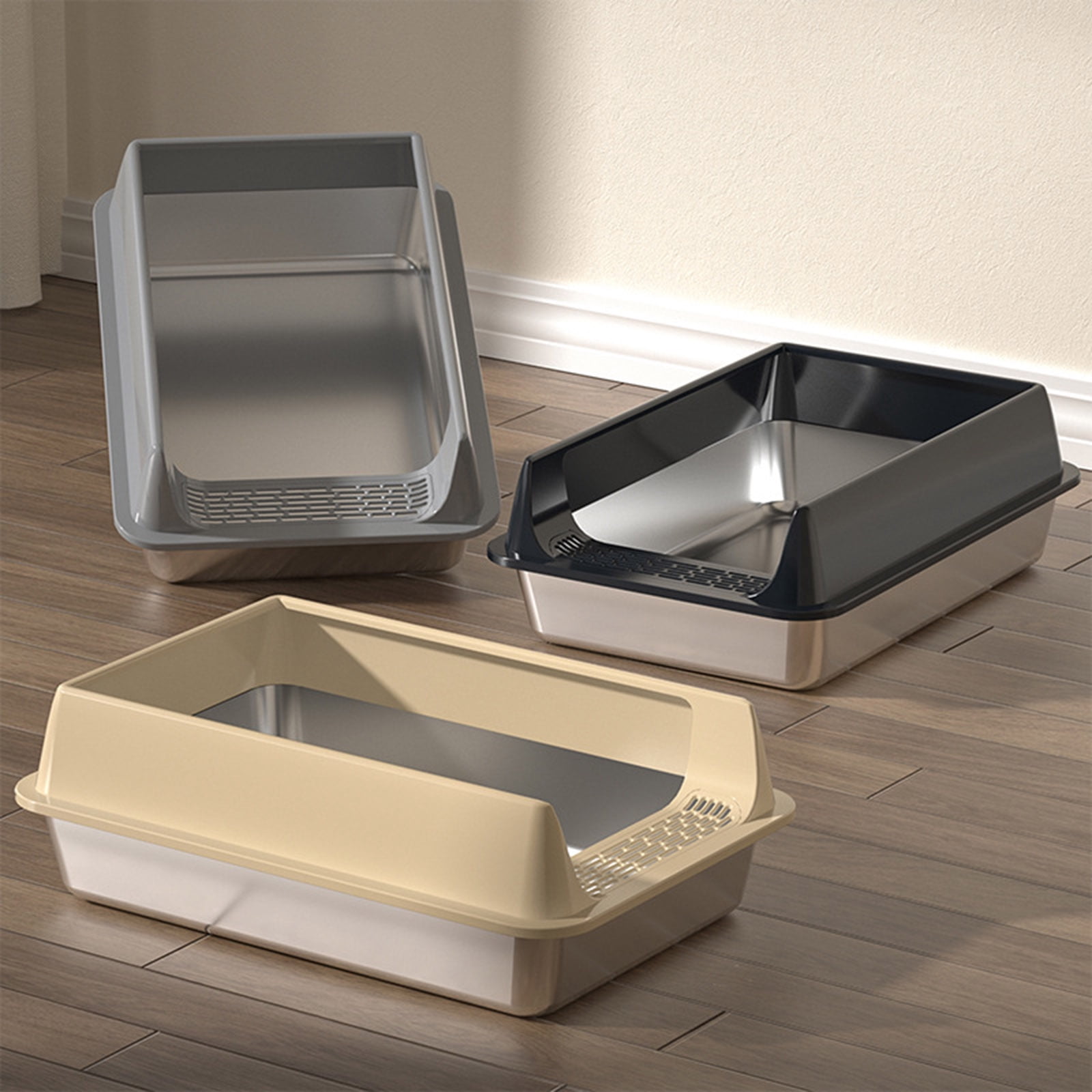 Large Cats Litter Box Stainless Steel Half Enclosed Design Antisplash Moisture Odor Control Litter Tray for Home