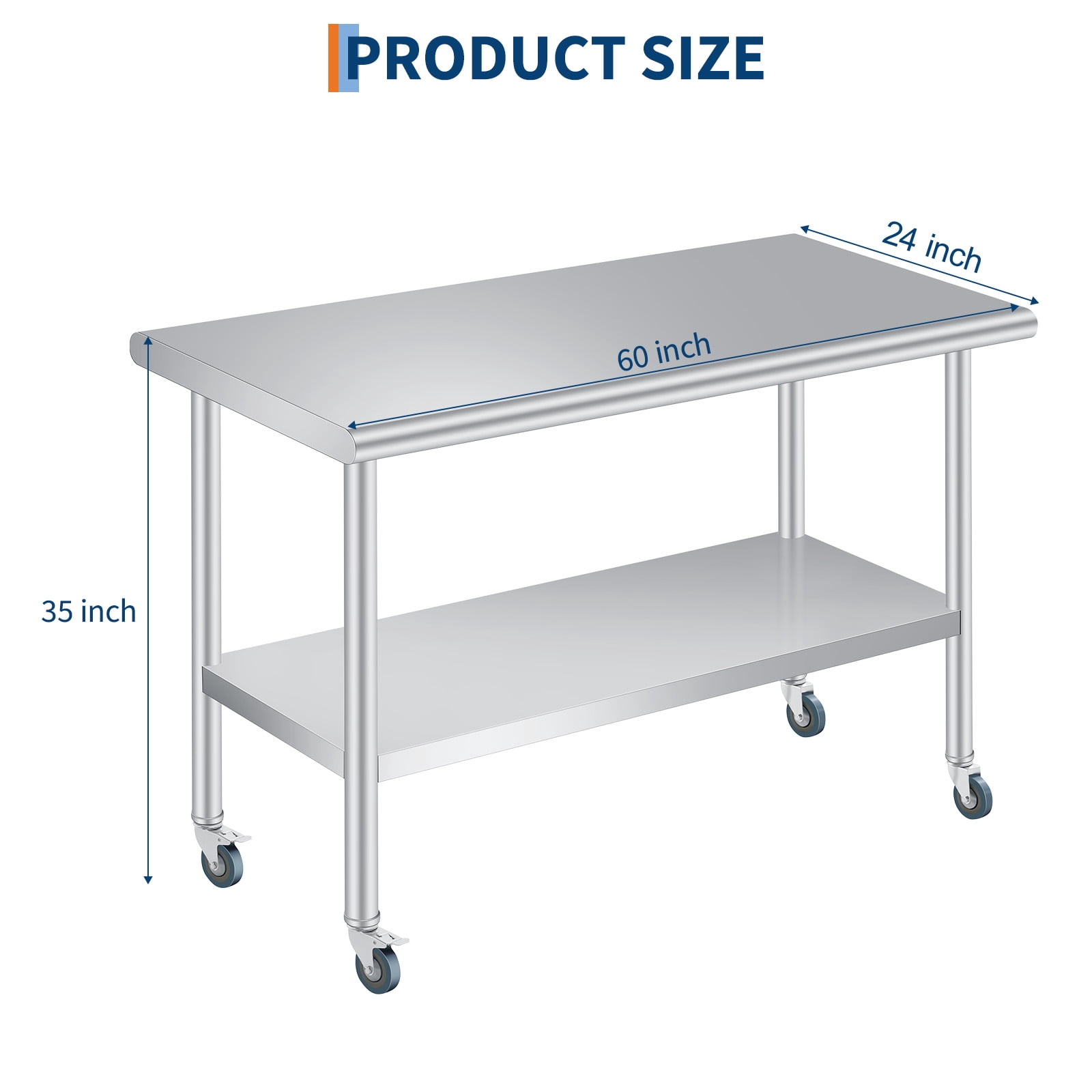 Commercial Stainless Steel Outdoor Prep Table with Backsplash – Rounded Corners, Adjustable Undershelf, 4 Caster Wheels – Heavy Duty Kitchen Storage Work Table for Restaurants, BBQ – 24 x 60 Inch
