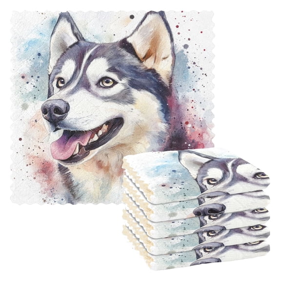6 Pieces of Kitchen Towels 11x11Inch Kitchen Dish Cloths Kitchen Dish Towels Reuseable Cleaning Cloths Cute Husky Dog