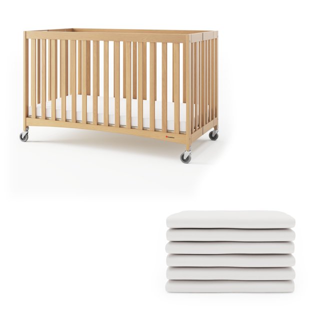 Foundations Full Size Travel Sleeper Folding Hotel Crib and Sheet Bundle – Includes Wooden Portable Crib with 3" Foam Mattress (Natural) and 6-Pack White Fitted Full Size Crib Sheets