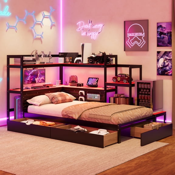 Mintazer Twin LED Gaming Daybed Storage Platform Bed with Charging Station & Integrated Desk Bookshelves and 3 Drawers for Kids Teens, Black & BRed