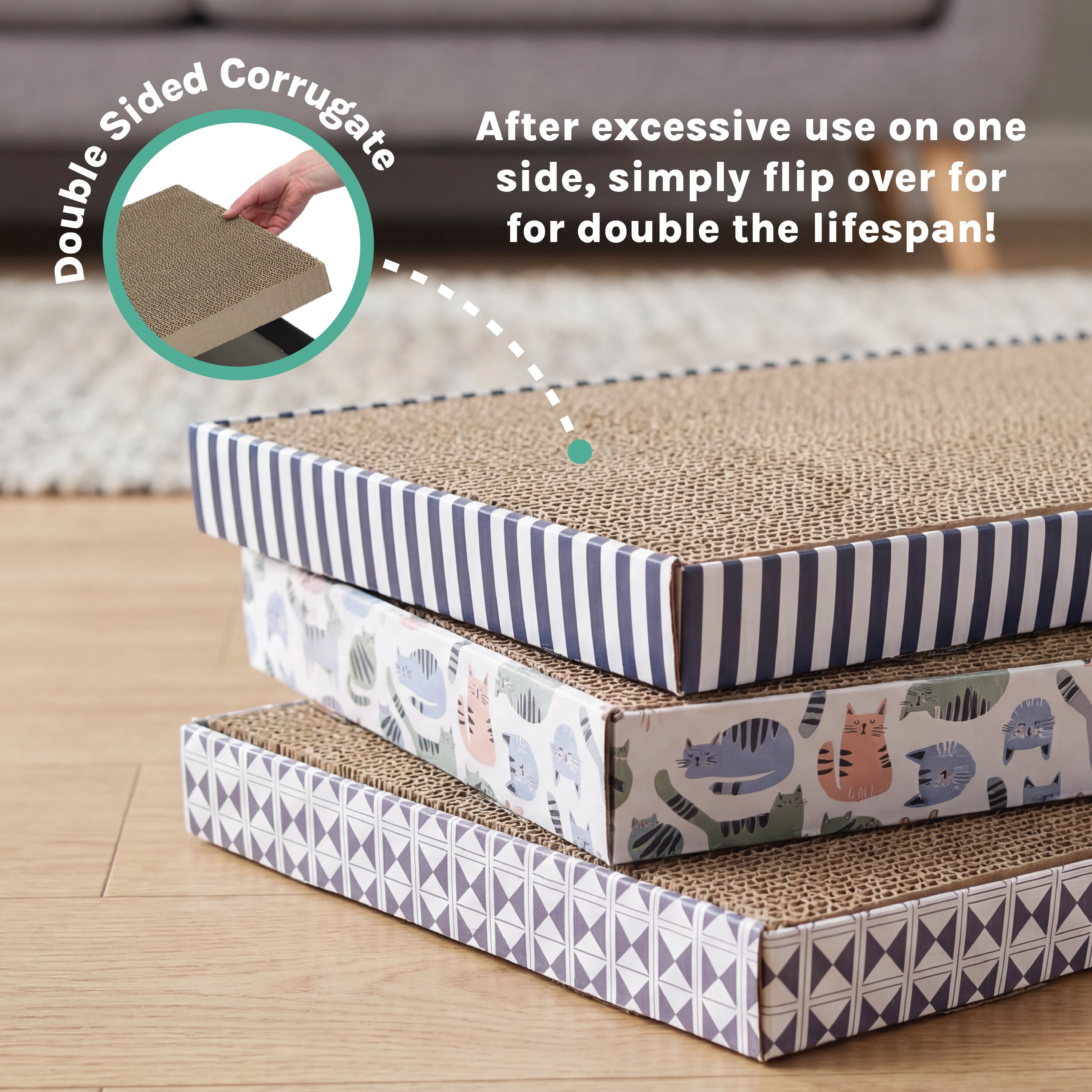 Kitty City Durable Mixed Cat Print Corrugated Cardboard Cat Scratching Pads, 3 Pack