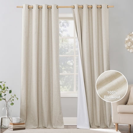 NICETOWN Natural Linen 100% Blackout Curtains for Bedroom 95 inches Long 52" Wide, 2 Panels, Rustic Country Room Warming Window Draperies with Thermal Insulated Liners for Winter