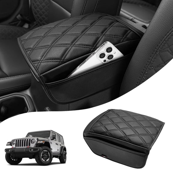KBH Center Console Armrest Cover for Jeep Wrangler JL 2018-2026 / Gladiator JT 2026-2020 with Organizer Storage Pockets, Black Leather Arm Rest Lid Cushion Pad