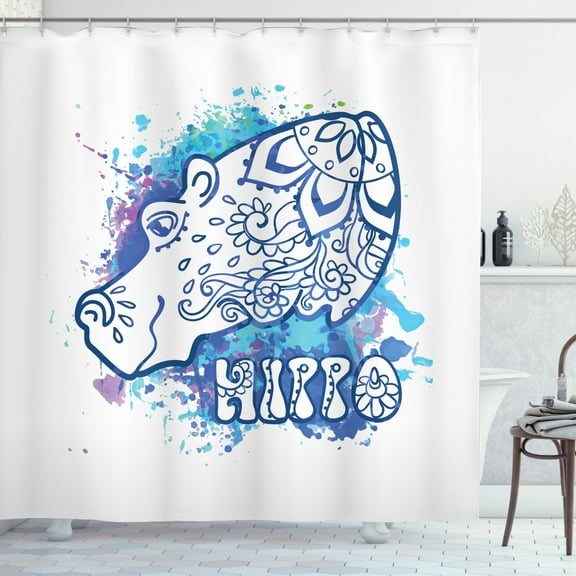 Hippo Shower Curtain, Bohemian Hippie Style Word and Hippo Head Shape Ornamented as Watercolor Effect Print, Fabric Bathroom Set with Hooks, 69W X 70L Inches, Multicolor, by Ambesonne