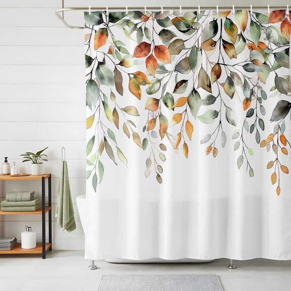 Shower Curtains for Bathroom, Orange Green Eucalyptus Leaves Waterproof Fabric Shower Curtain, Fall Botanical Watercolor Decorative Bathroom Curtain for Bathtub, 36"x72", No Hooks Included