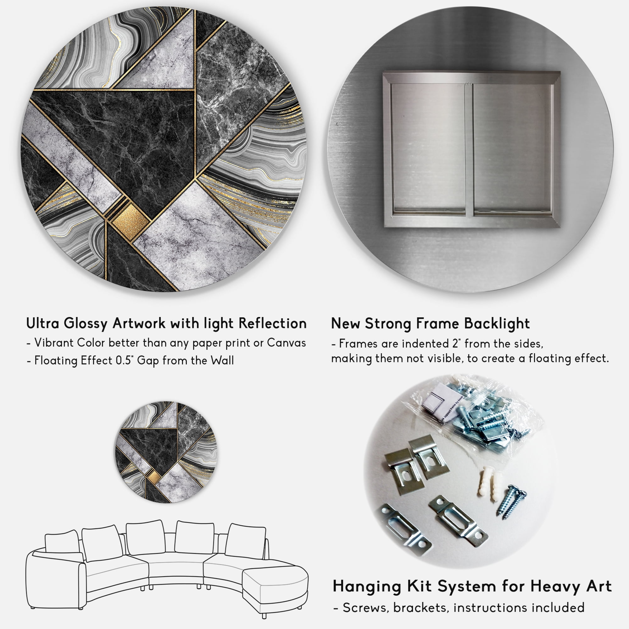 Designart 'Touches Of Gold With Marble Granite Agate' Modern Circle Metal Wall Art 29x29 - Disc of 29