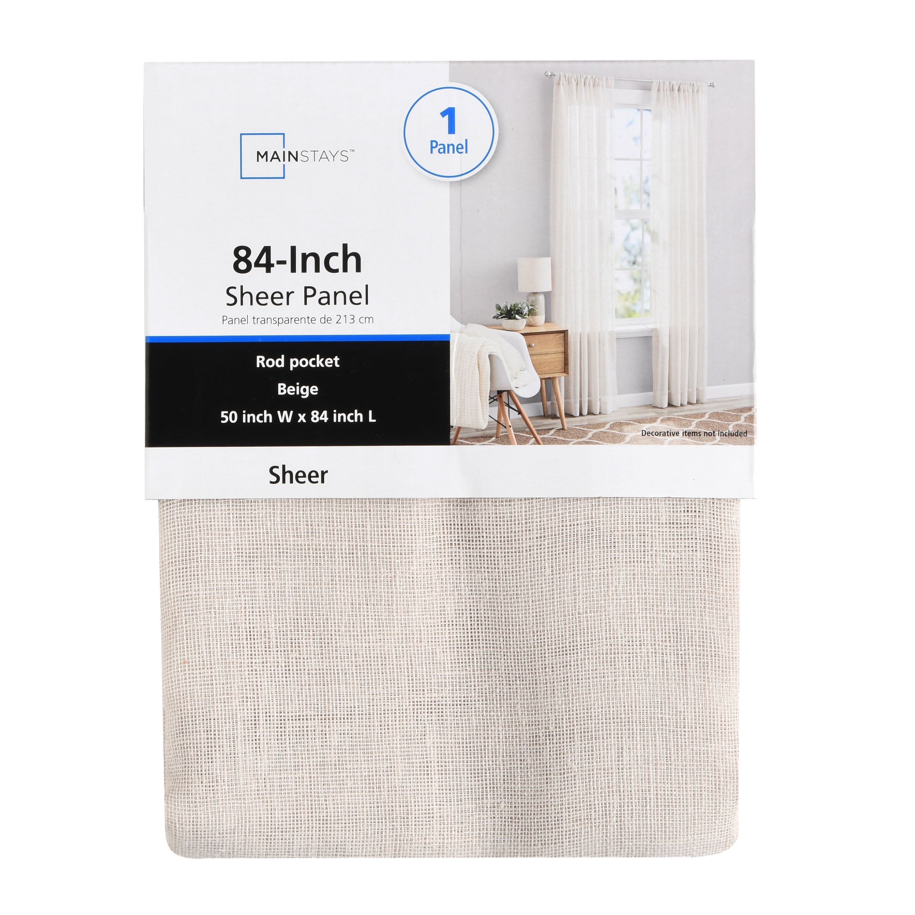 Mainstays Bel Air Sheer Wide Single Curtain Panel, Beige, 50" W x 84" L