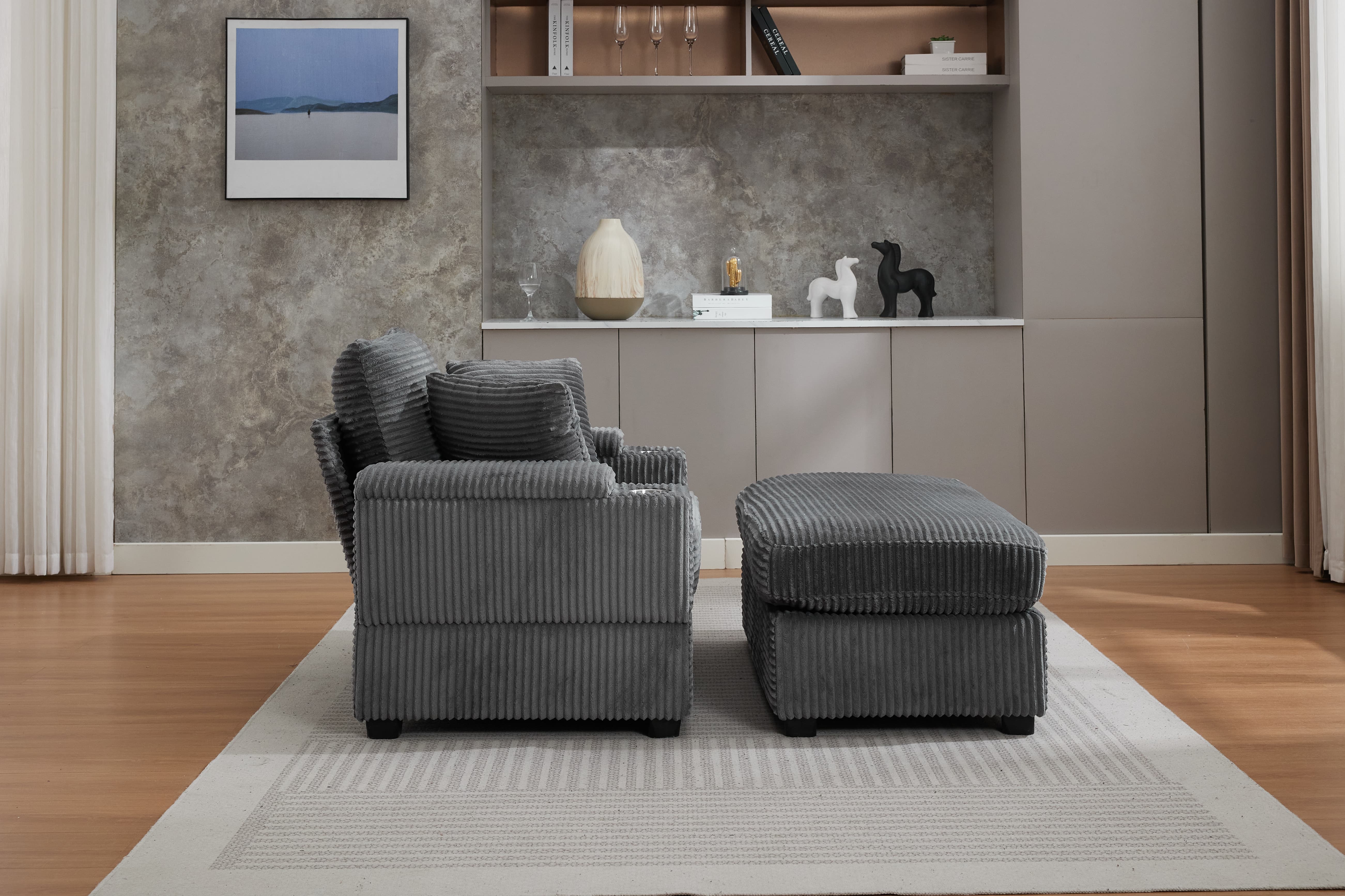 Chaise Lounge Chair Indoor Furniture, Corduroy Upholstered Chaise Lounge Sofa, Deep Seat Sofa with Handrail storage and Cupholders, Movable ottoman, Detachable Cushions for Living Room Bedroom,Grey