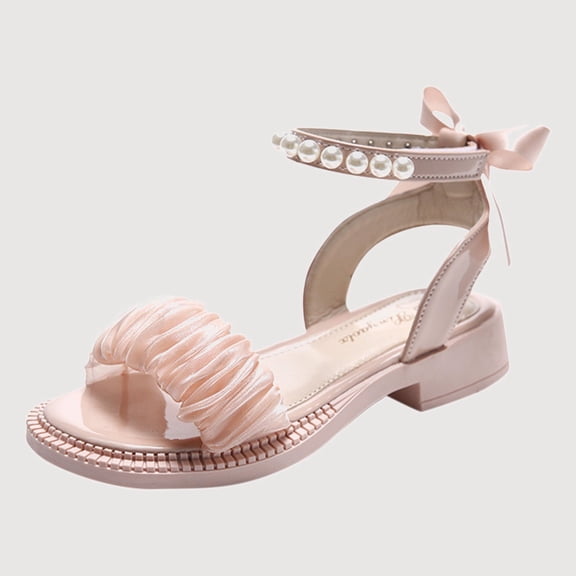 Gyujnb Girls Sandals Pearl Bow Open Toe Sandals with Ankle Strap, Low Heel Casual Dress Sandals (LittleGirls,Big Girls),6-7 Years