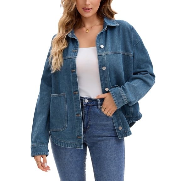 DARING DIVA Women's Long Sleeve Button Down Pockets Western Denim Jacket L Dark Blue
