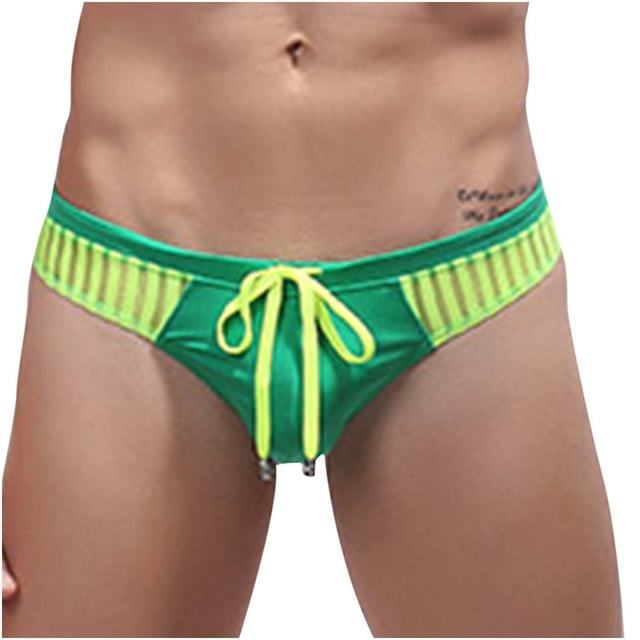 Mens Low Waist Solid Color Striped Drawstring Hot Spring Quick Dry Swimming Briefs