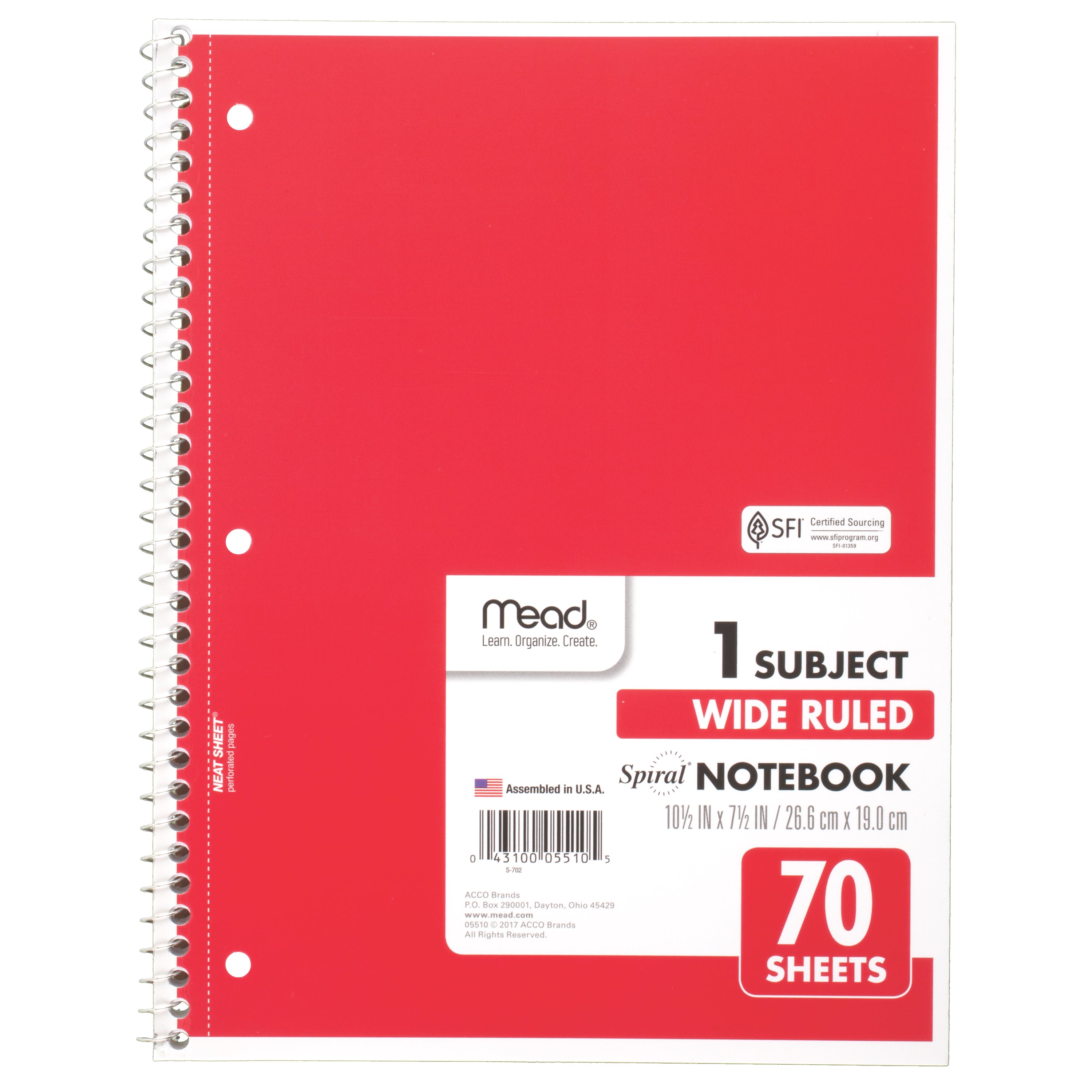 Mead Spiral Notebook, 1 Subject, Wide Ruled, 70 Sheets, 10 1/2' x 8', Red (05510)
