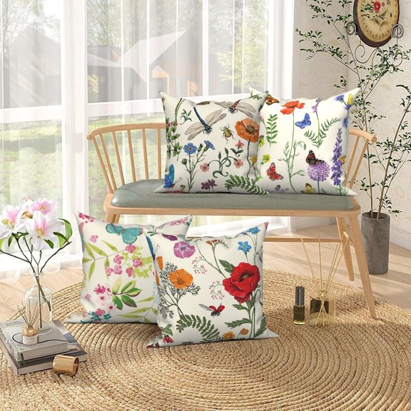 Summer Floral Linen Throw Pillow Covers,Set of 4 18x18 Inch, Wildflower Cushion Cases for Home Decor Sofa Couch Living Room Car