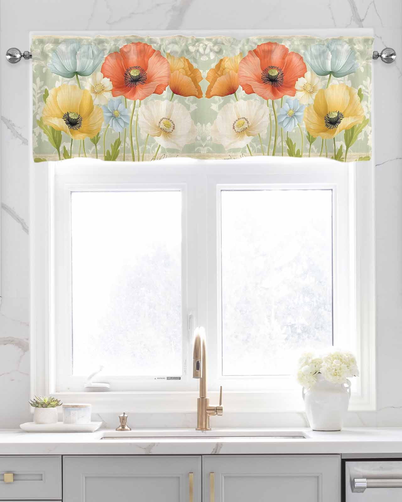 Vintage Spring Floral Kitchen Valances for Windows Farmhouse Linen Window Valance Curtain for Living Room Window Treatment Watercolor Pastoral Summer Botanical Valance Rod Pocket Topper, 54 x 18 Inch