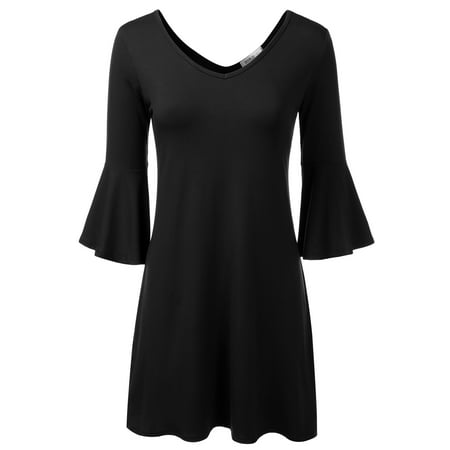 Doublju Womens V-Neck Loose Fit Bell Long Sleeve Tunic Dress With Plus Size BLACK