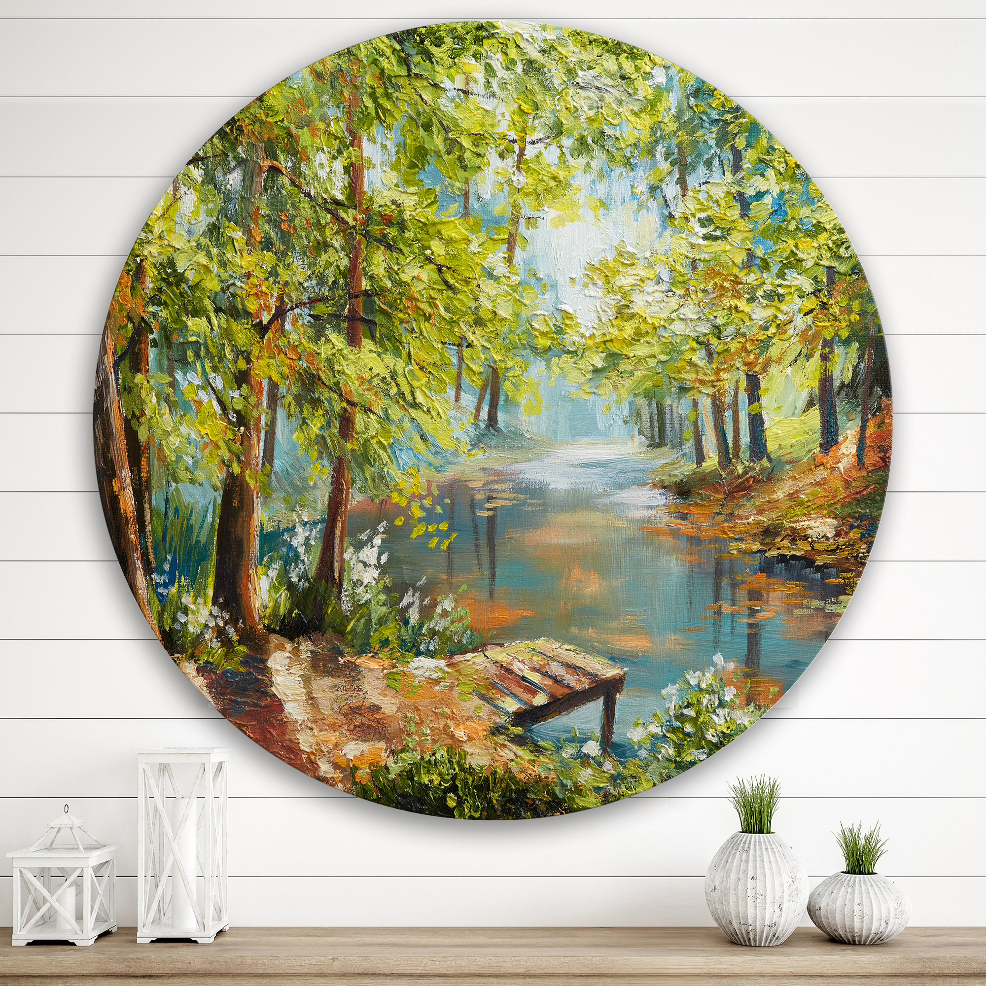 Designart 'Meandering River With Autumn Forest' Lake House Circle Metal Wall Art 36x36 - Disc of 36