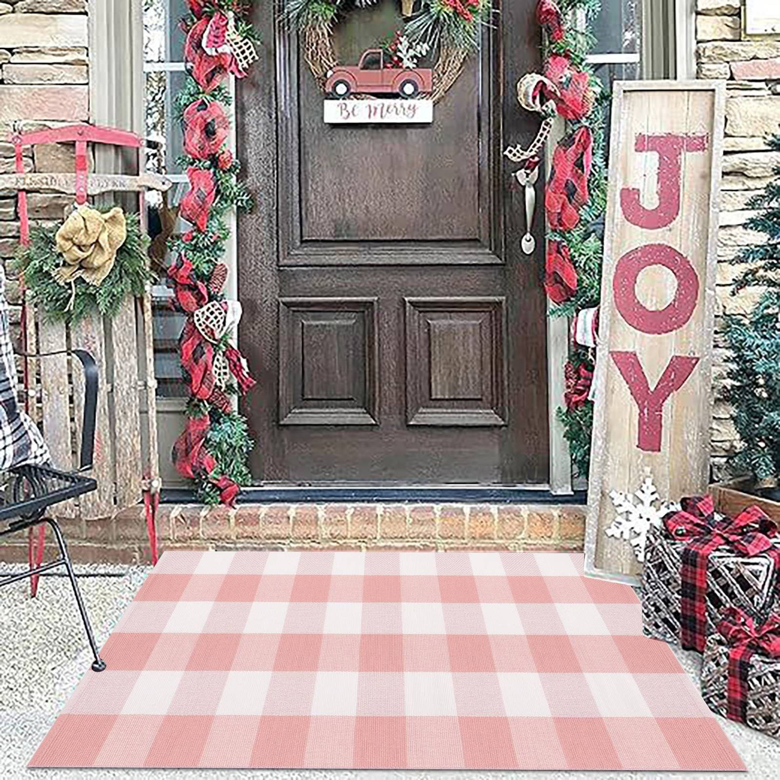 Buffalo Plaid Rug 130X60cm Pink and White Checked Rug Washable Doormats Indoor Outdoor Rugs for Layered Front Door Mats, Porch, Kitchen, Farmhouse, Entryway