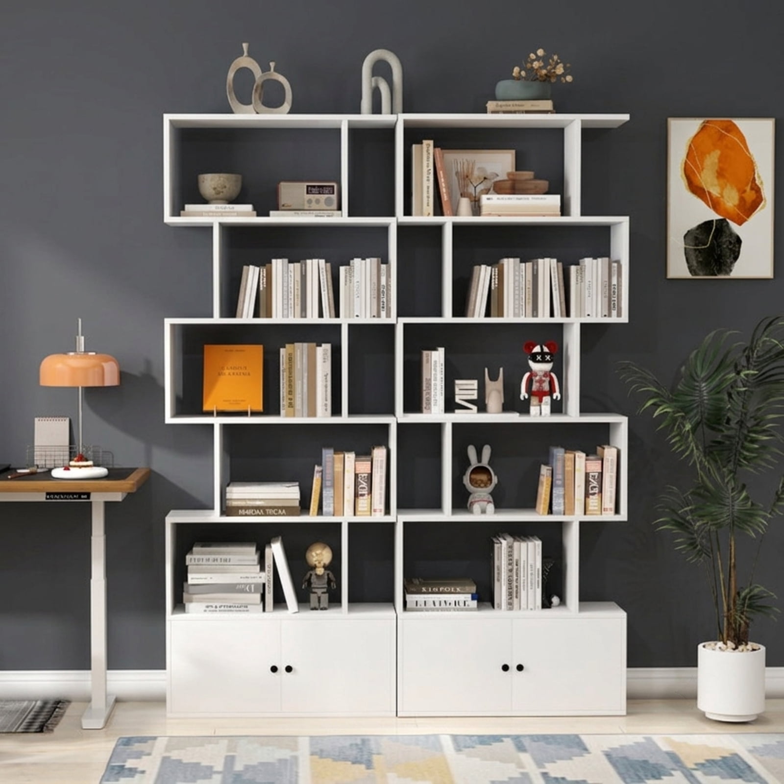 Furnibear 6-Tier S-Shaped Freestanding Bookshelf with 5 Open Shelves and Closed Cabinet Tall Wood Storage for Living Room and Office, White
