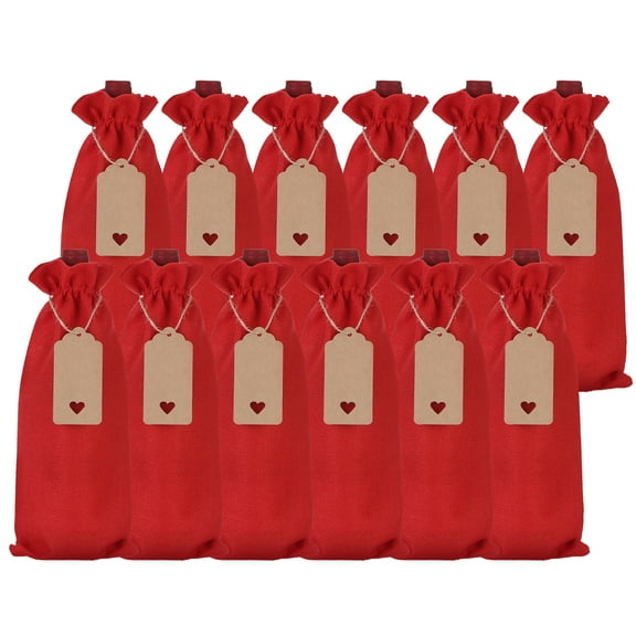 Uxcell 12pcs Burlap Wine Bags, Reusable Wine Gift Pouches with Drawstrings Tags and Rope for Wedding, Red