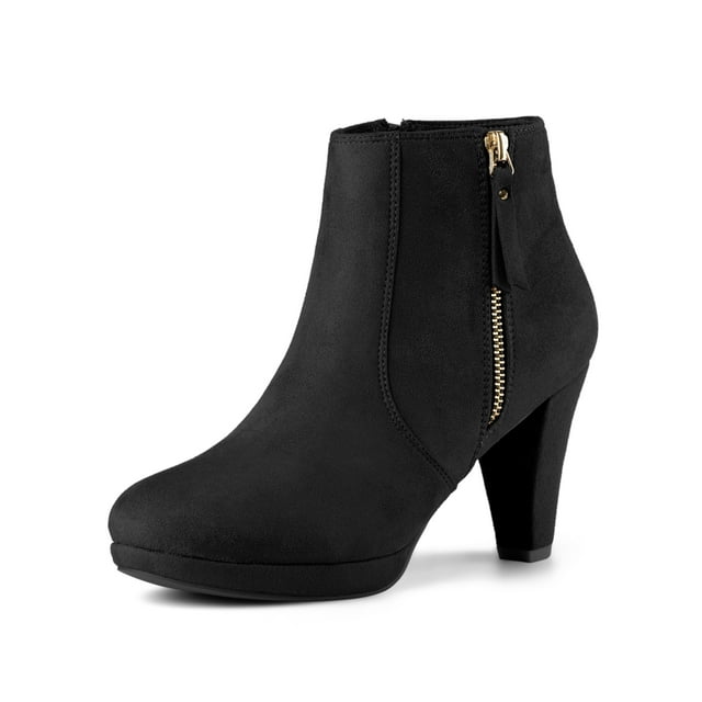 BLISSFUL STEP Women's Side Zip Low Platform Block Heel Ankle Booties Black 8