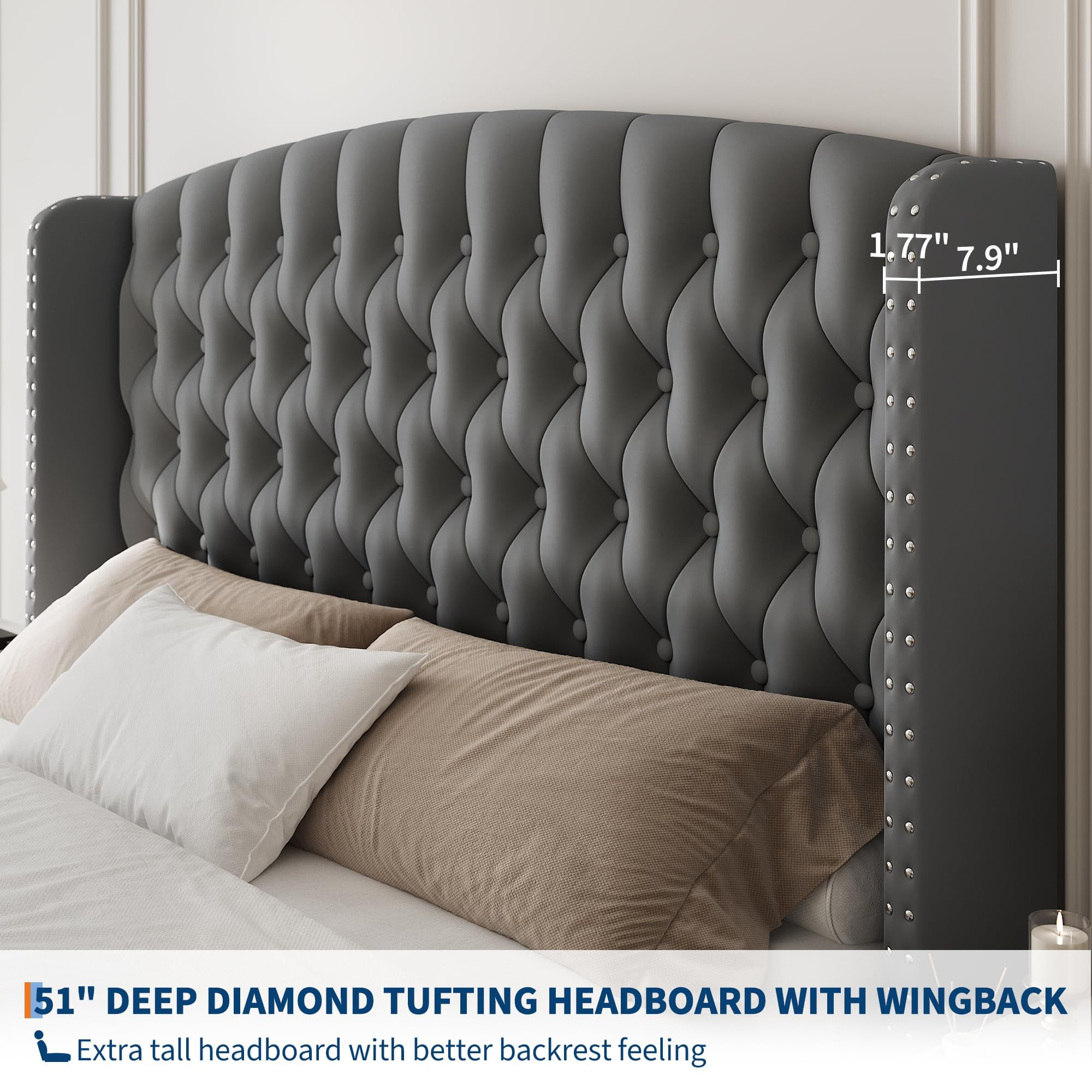Huisuilinss Queen Bed Frame,King Size Bed Frame,Velvet Upholstered Platform Bed Frame With Deep Button Tufted Wingback Headboard And Footboard,No Box Spring Needed,Easy Assemble
